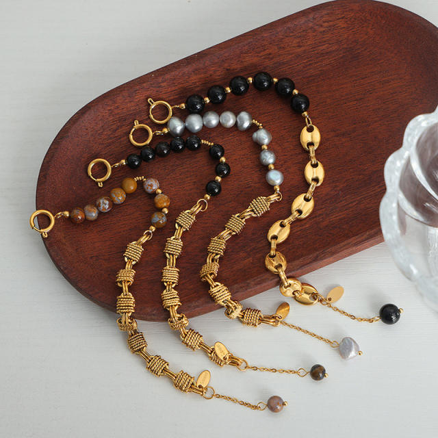 Natural stone bead gold plated copper chain bracelet