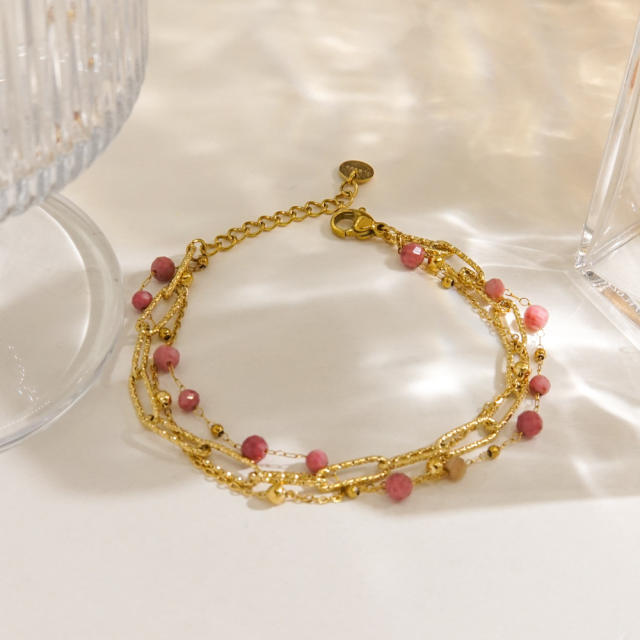 14KG summer colorful natural stone bead stainless steel chain bracelet