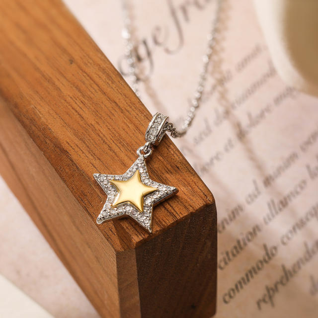 Personality mix color diamond star heart pendant gold plated copper necklace