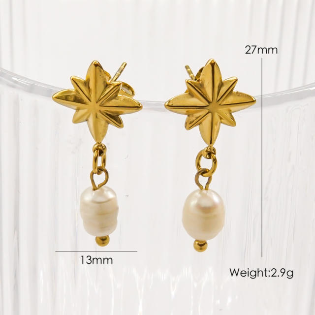 14KG french sereis white pearl shell geometric stainless steel earrings