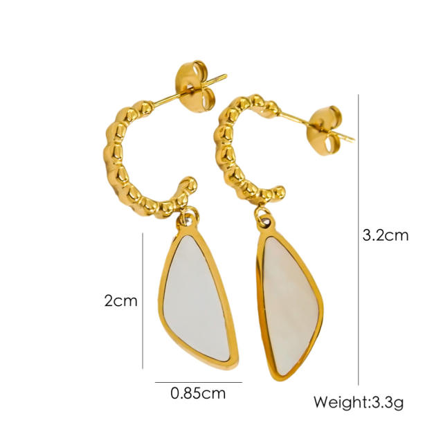 14KG french sereis white pearl shell geometric stainless steel earrings