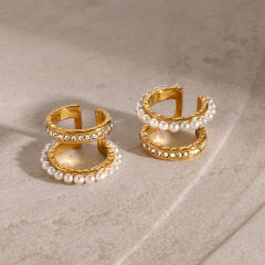 Concise two layer pearl bead stainless steel ear cuff