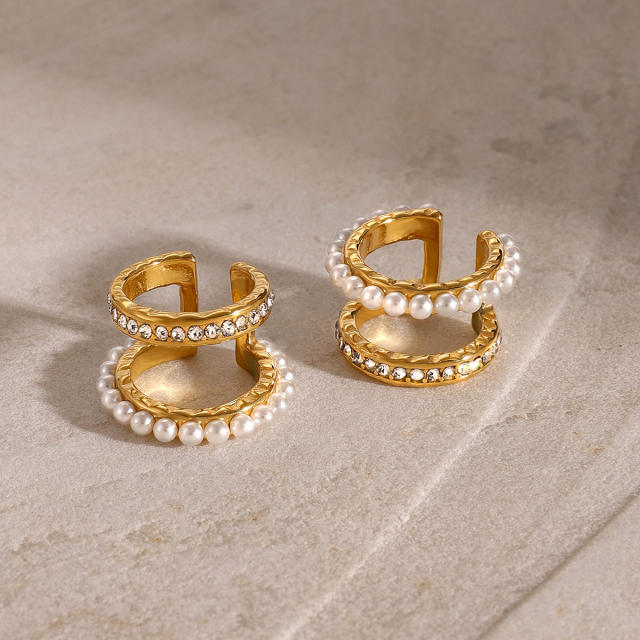 Concise two layer pearl bead stainless steel ear cuff