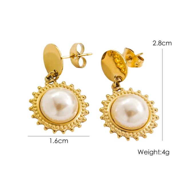 14KG french sereis white pearl shell geometric stainless steel earrings