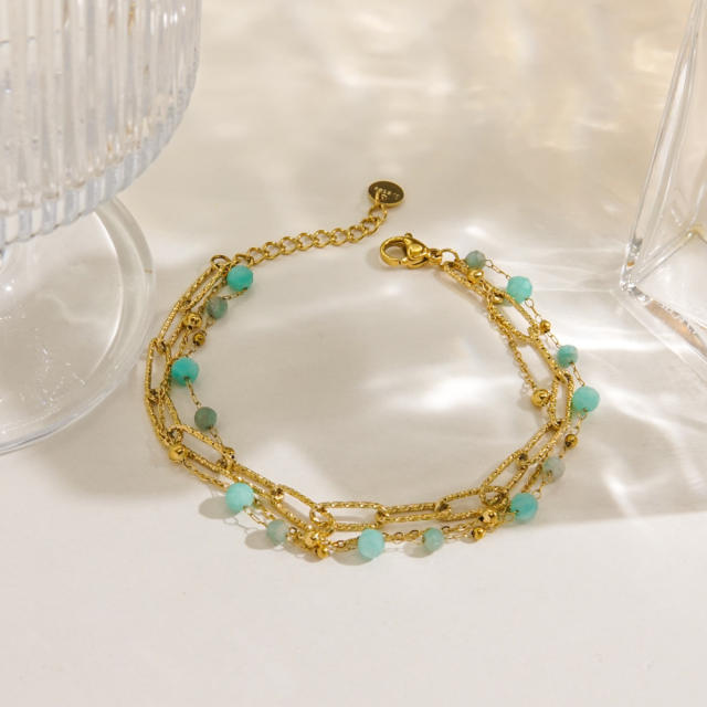 14KG summer colorful natural stone bead stainless steel chain bracelet