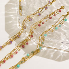 14KG summer colorful natural stone bead stainless steel chain bracelet