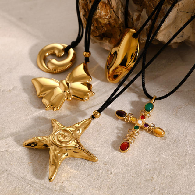 18KG chunky bow star geometric pendant black rope stainless steel necklace