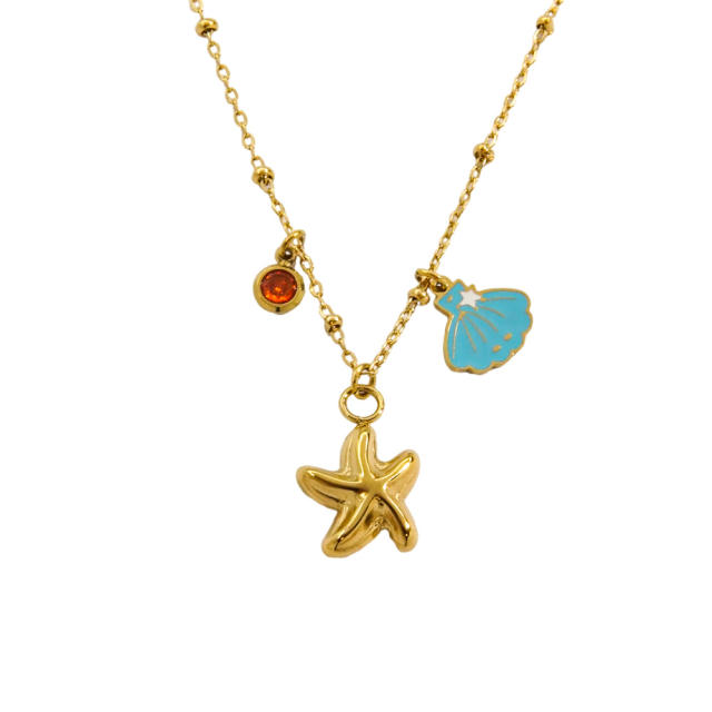 Summer ocean series starfish shell pendant dainty stainless steel necklace
