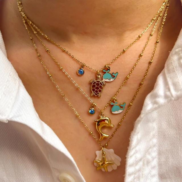 Summer ocean series starfish shell pendant dainty stainless steel necklace