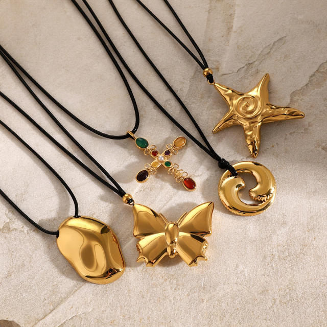 18KG chunky bow star geometric pendant black rope stainless steel necklace