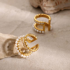 Concise two layer pearl bead stainless steel ear cuff