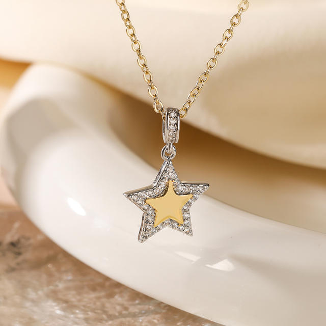 Personality mix color diamond star heart pendant gold plated copper necklace