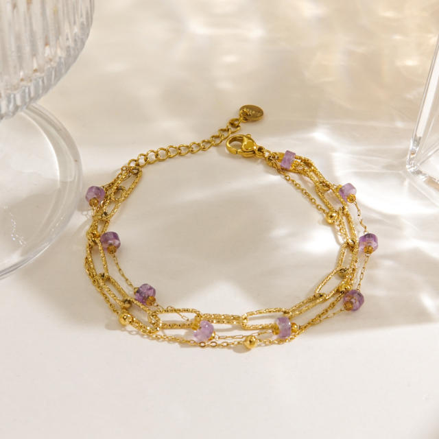 14KG summer colorful natural stone bead stainless steel chain bracelet