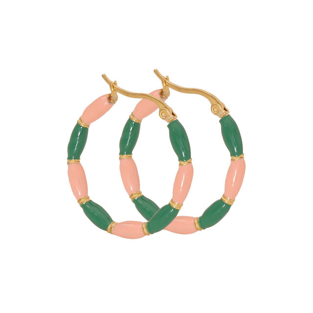Summer color enamel bamboo stainless steel hoop earrings