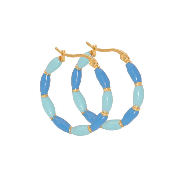 Summer color enamel bamboo stainless steel hoop earrings