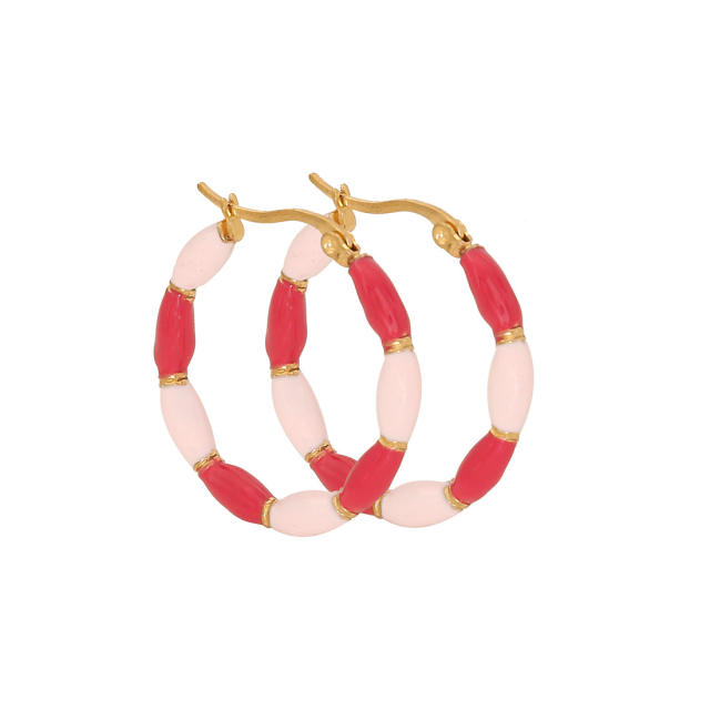 Summer color enamel bamboo stainless steel hoop earrings