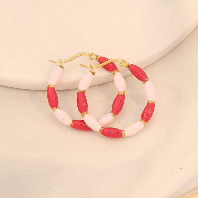 Summer color enamel bamboo stainless steel hoop earrings