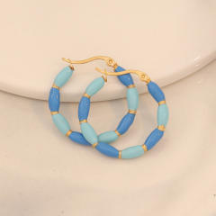 Summer color enamel bamboo stainless steel hoop earrings