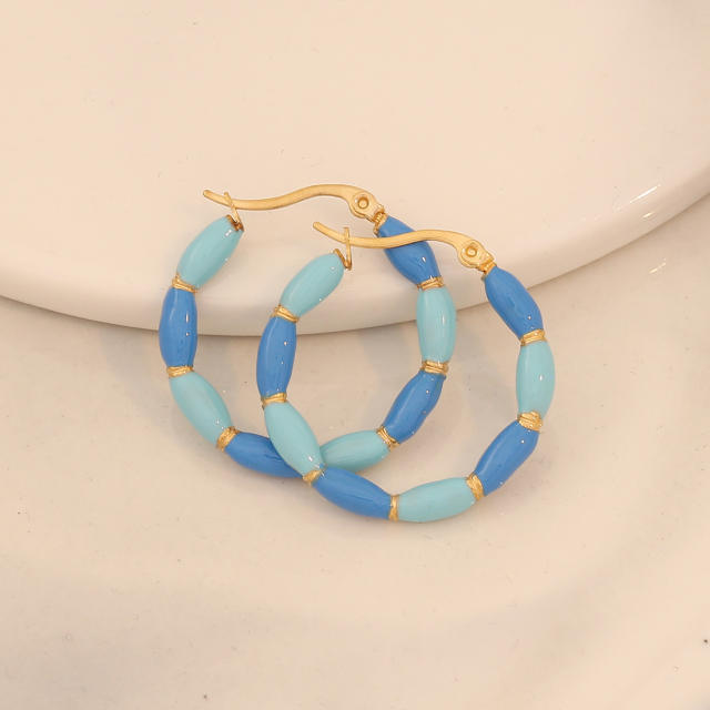 Summer color enamel bamboo stainless steel hoop earrings
