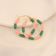 Summer color enamel bamboo stainless steel hoop earrings