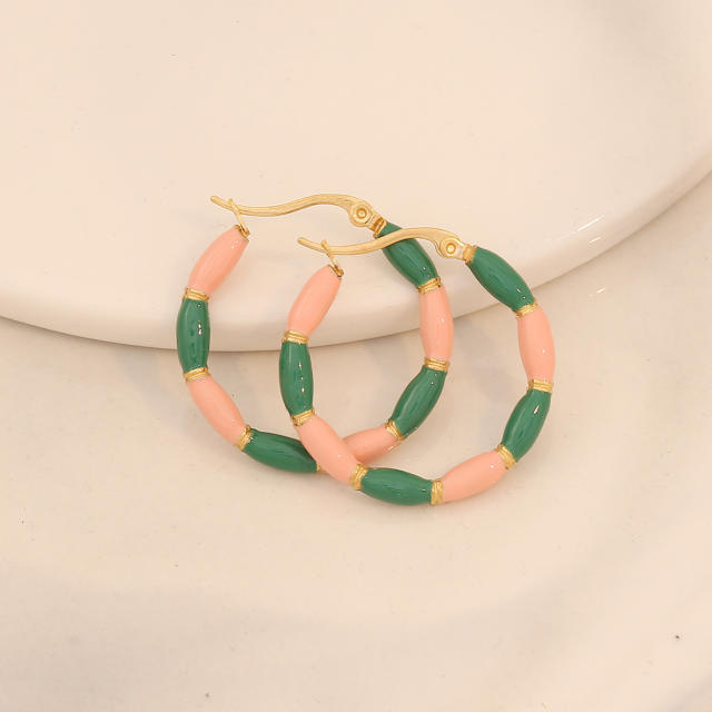 Summer color enamel bamboo stainless steel hoop earrings