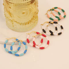 Summer color enamel bamboo stainless steel hoop earrings