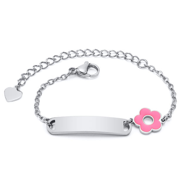 Sweet pink flower stainless steel card bracelet for kids 12+5cm