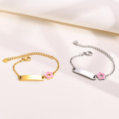 Sweet pink flower stainless steel card bracelet for kids 12+5cm