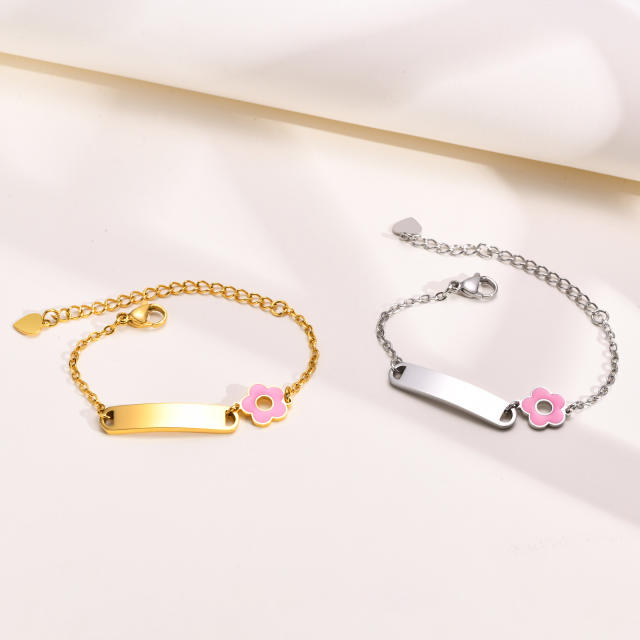 Sweet pink flower stainless steel card bracelet for kids 12+5cm