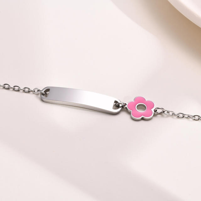 Sweet pink flower stainless steel card bracelet for kids 12+5cm