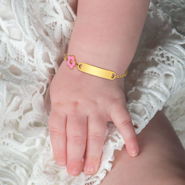 Sweet pink flower stainless steel card bracelet for kids 12+5cm