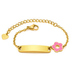 Sweet pink flower stainless steel card bracelet for kids 12+5cm