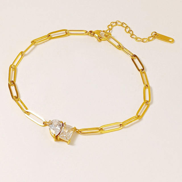 Geometric cubic zircon gold paperclip chain stainless steel necklace anklet