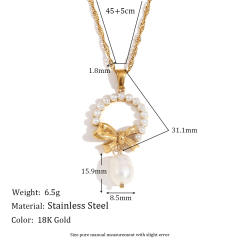 Sweet pearl bead bow stainless steel necklace set