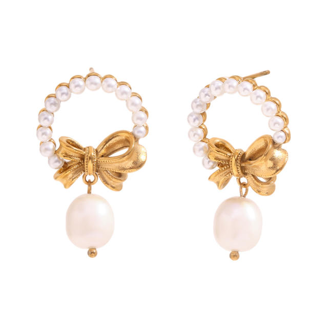 Sweet pearl bead bow stainless steel necklace set