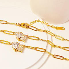 Geometric cubic zircon gold paperclip chain stainless steel necklace anklet