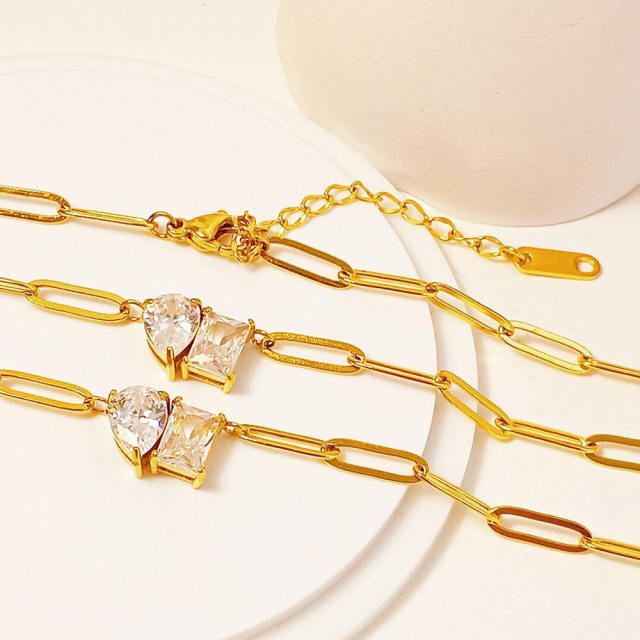 Geometric cubic zircon gold paperclip chain stainless steel necklace anklet