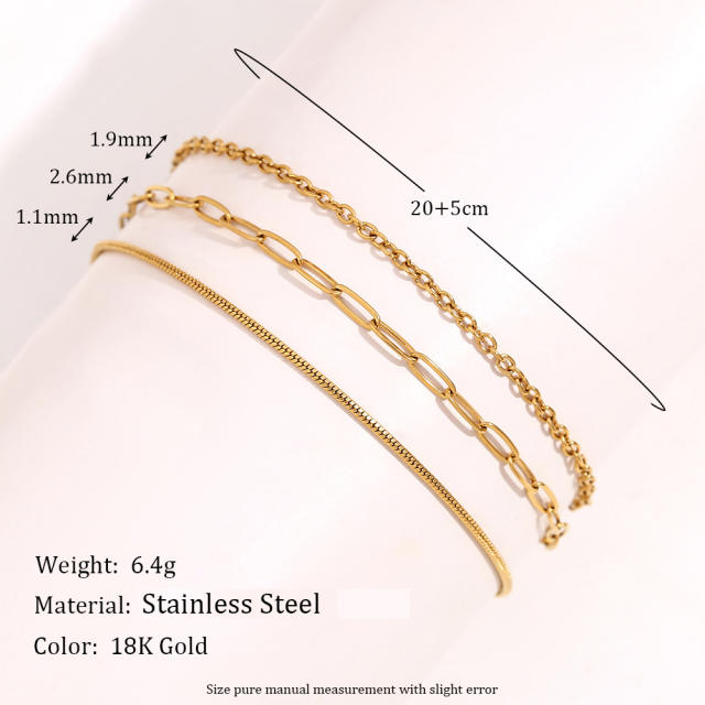 Concise three layer stainless steel chain anklet