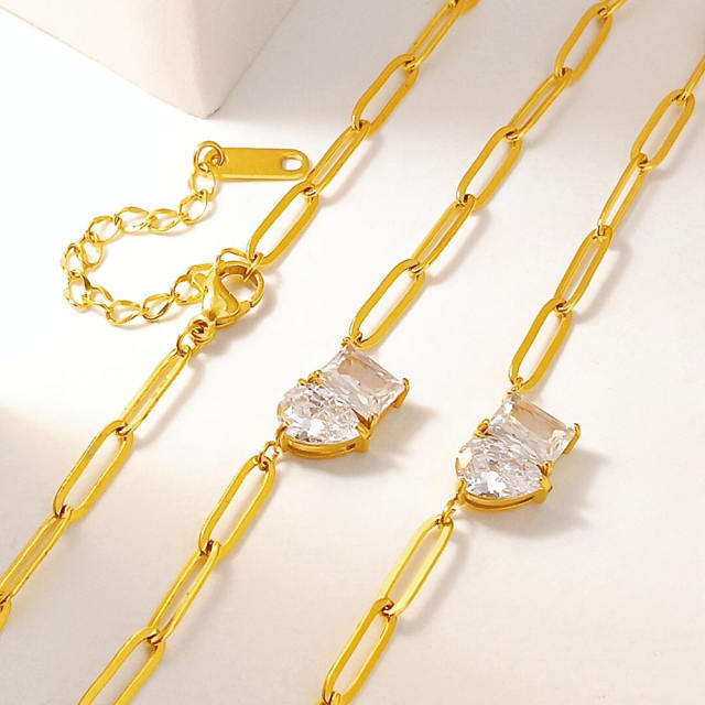 Geometric cubic zircon gold paperclip chain stainless steel necklace anklet