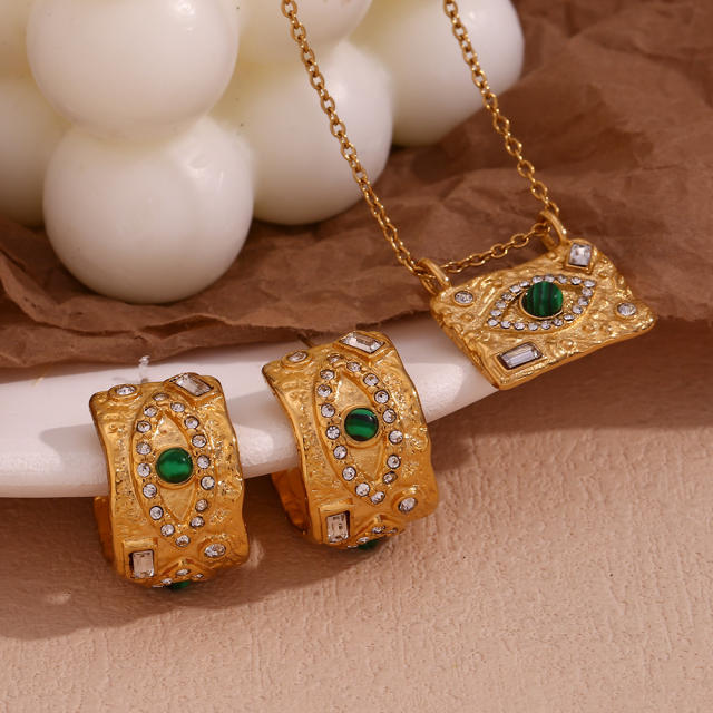 Vintage malachite evil eye stainless steel necklace set
