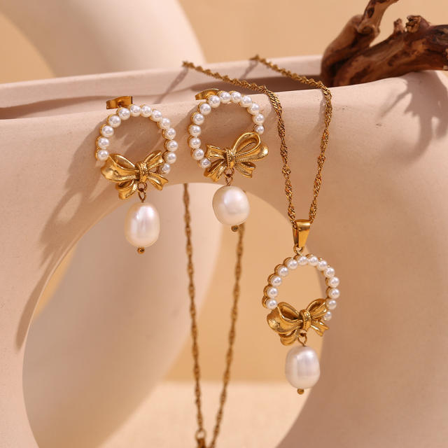 Sweet pearl bead bow stainless steel necklace set