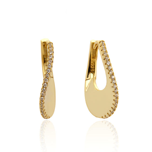 925 sterling silver U shape diamond twisted huggie earrings