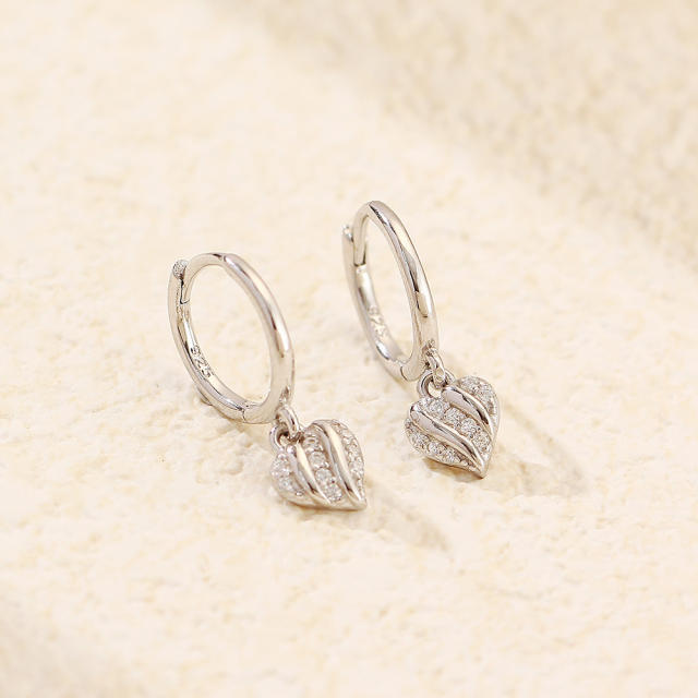Elegant 925 sterling silver diamond small heart huggie earrings