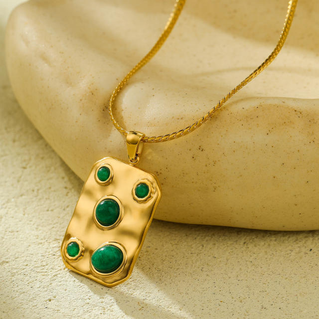 Boho colorful natural stone statement block pendant stainless steel necklace set