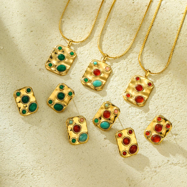 Boho colorful natural stone statement block pendant stainless steel necklace set