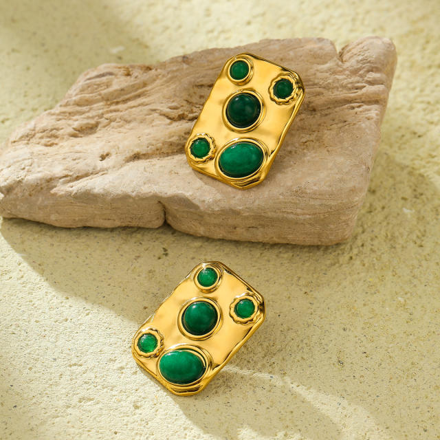 Boho colorful natural stone statement block pendant stainless steel necklace set