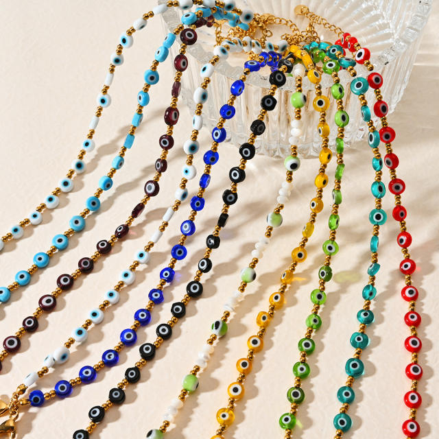 Classic colorful resin bead evil eye stainless steel anklet