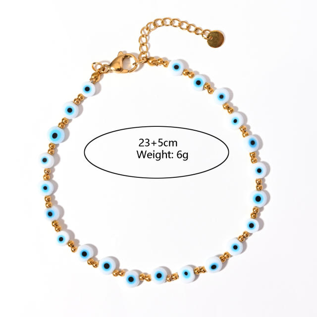 Classic colorful resin bead evil eye stainless steel anklet