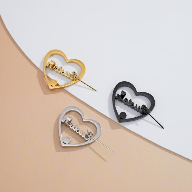 DIY hollow heart custom name stainless steel brooch