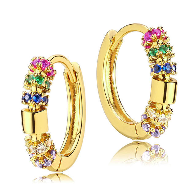 Delicate rainbow cubic zircon gold plated copper huggie earrings